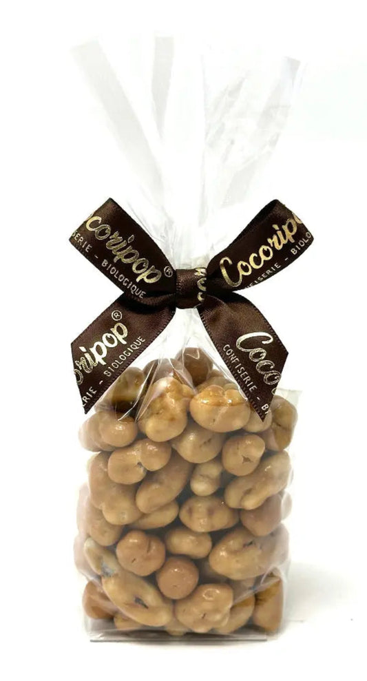 Noix de pécan artisanales enrobées de chocolat blond caramel, confiserie bio fabriquée à Brécy