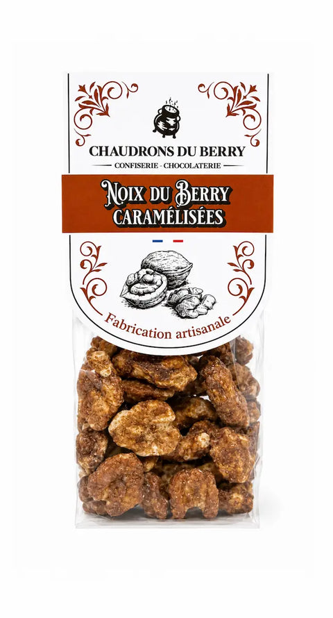 Noix du Berry caramélisées bio fabriquées artisanalement près de Bourges dans le Berry par Cocoripop avec du sucre de canne blond biologique.
