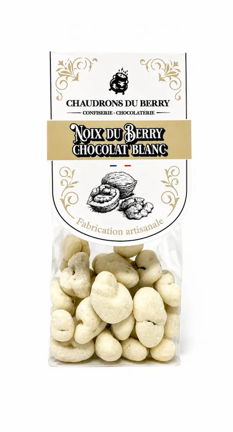 Noix du Berry enrobées de chocolat blanc bio, fabriquées artisanalement près de Bourges dans le Berry par Cocoripop.