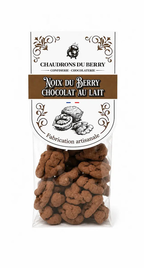 Noix du Berry enrobées de chocolat au lait bio, fabriquées artisanalement près de Bourges dans le Berry par Cocoripop.
