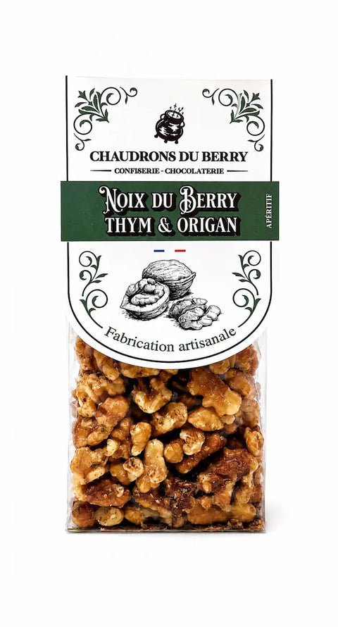 Noix du Berry au thym et origan bio fabriquées artisanalement près de Bourges dans le Berry par Cocoripop pour un apéritif gourmand et authentique.