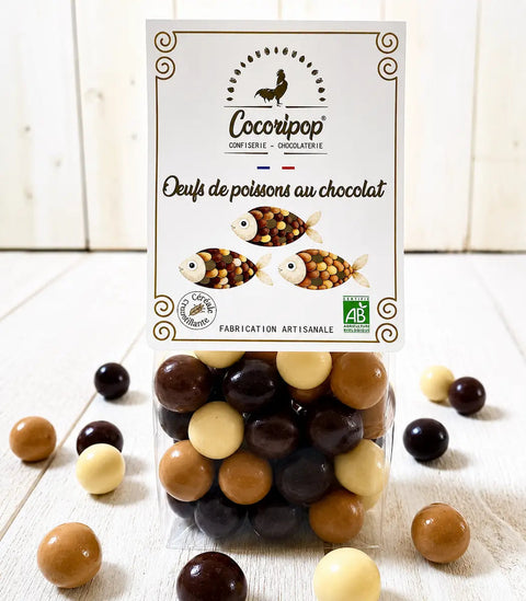 Œufs Poisson au chocolat bio fabriqués artisanalement près de Bourges dans le Berry par Cocoripop.