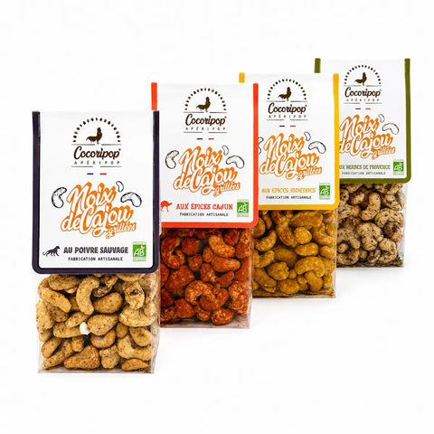 Pack Bio Apéro Gourmand Cocoripop fabriqué artisanalement près de Bourges dans le Berry, réunissant quatre recettes de noix de cajou biologiques aux saveurs originales.