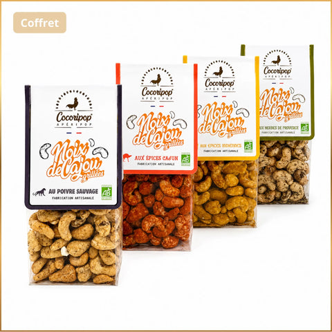 Pack Bio Apéro Gourmand Cocoripop composé de noix de cajou bio au poivre sauvage de Madagascar, épices indiennes, épices Cajun et herbes de Provence, assortiment apéritif artisanal français fabriqué à Saint-Germain-du-Puy près de Bourges.