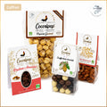 Pack Bio Découverte Gourmande Cocoripop composé de popcorn caramel beurre salé, soufflés trois chocolats, pralines aux amandes caramélisées et noix de cajou aux épices Cajun, assortiment artisanal bio fabriqué à Saint-Germain-du-Puy près de Bourges.