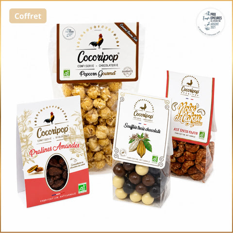 Pack Bio Découverte Gourmande Cocoripop composé de popcorn caramel beurre salé, soufflés trois chocolats, pralines aux amandes caramélisées et noix de cajou aux épices Cajun, assortiment artisanal bio fabriqué à Saint-Germain-du-Puy près de Bourges.