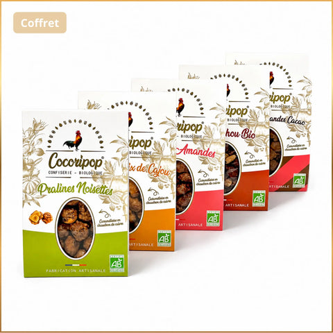 Pack Bio Dégustation Pralines Cocoripop composé de pralines aux cacahuètes, noisettes, amandes, amandes cacao et noix de cajou, assortiment artisanal bio fabriqué à Saint-Germain-du-Puy près de Bourges.
