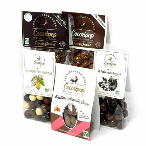 Le Pack Bio Douceurs Chocolatées Cocoripop, coffret gourmand artisanal français composé de bonbons et confiseries bio fabriqués à Saint-Germain-du-Puy, près de Bourges.