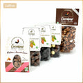 Pack Bio Passion Chocolat Cocoripop composé de popcorn chocolat caramel, soufflés au chocolat noir, soufflés au chocolat au lait, soufflés aux trois chocolats et pralines aux amandes cacaotées, assortiment de confiseries artisanales bio fabriqué à Saint-Germain-du-Puy près de Bourges.