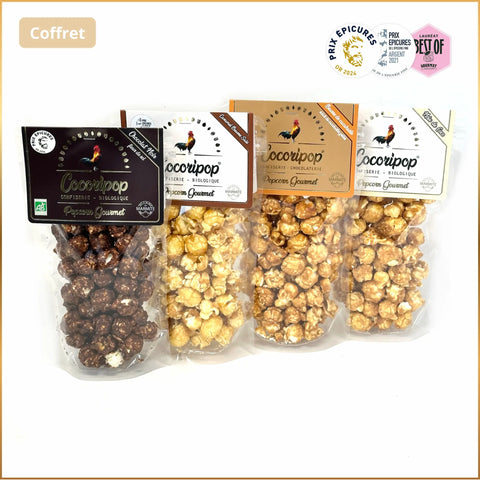 Pack Bio Popcorn Gourmet Cocoripop composé de popcorn beurre de cacahuète, caramel beurre salé, chocolat noir fleur de sel et noix de coco, assortiment de popcorns artisanaux bio fabriqués à Saint-Germain-du-Puy près de Bourges.