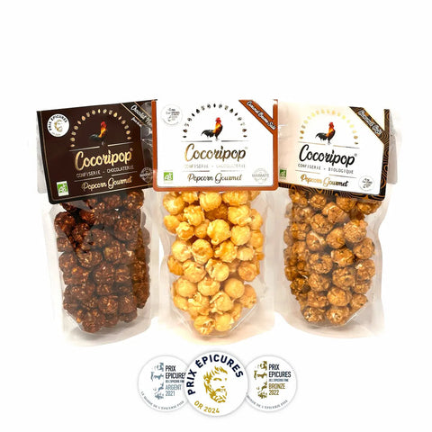 Pack Bio Popcorns Médaillés Cocoripop fabriqué artisanalement près de Bourges dans le Berry, réunissant trois popcorns bio récompensés aux Prix Épicures de l'Épicerie Fine.
