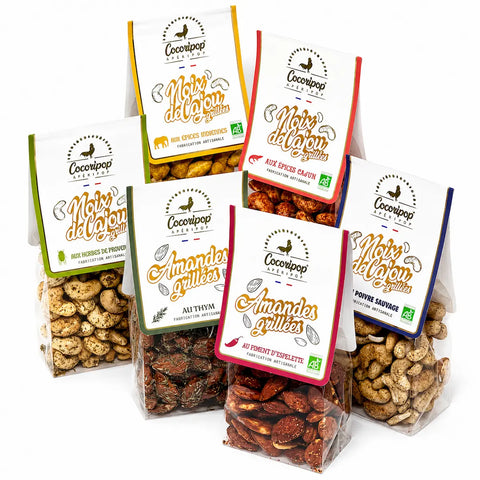 Pack Bio Saveurs du Monde Cocoripop fabriqué artisanalement près de Bourges dans le Berry, réunissant six recettes bio de noix de cajou et d'amandes aux saveurs du monde.