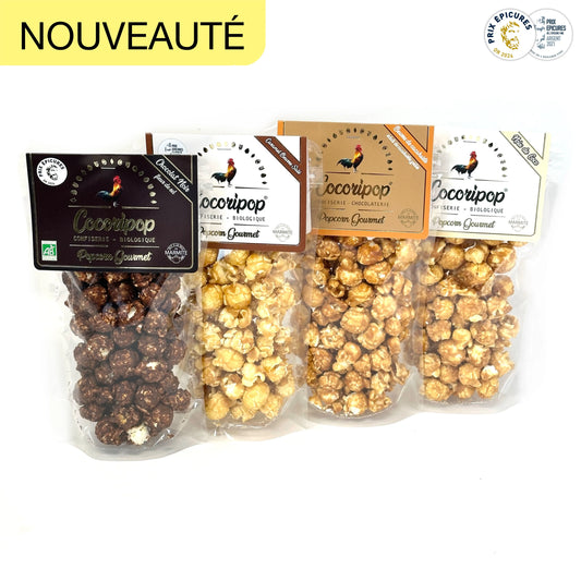 Coffret Cocoripop de 4 sachets de popcorn bio artisanaux, aux saveurs gourmandes et fabriqués en France