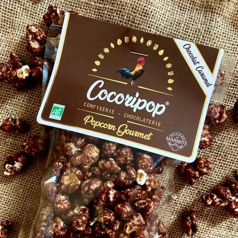 Popcorn artisanal français au chocolat au lait bio et caramel, confiserie croustillante fabriquée à Saint-Germain-du-Puy dans le Cher