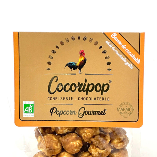 Popcorn artisanal bio au beurre de cacahuète fabriqué en France dans un sachet recyclable