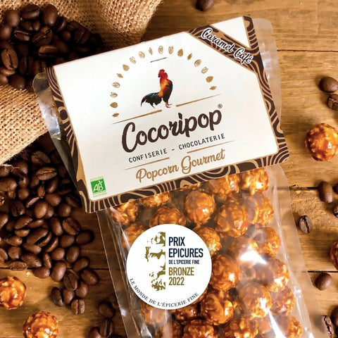 Popcorn bio artisanal français au caramel infusé café, fabriqué près de Bourges à Saint Germain du Puy, récompensé aux Épicures 2022, gourmandise raffinée et croustillante avec livraison rapide