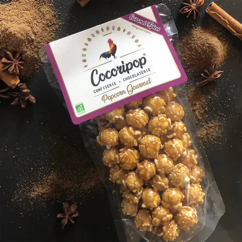 Popcorn bio artisanal au caramel et aux épices saveur pain d’épices, gourmandise croustillante fabriquée en France à Brécy