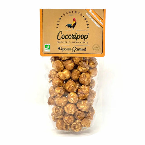 Confiserie artisanale française au popcorn beurre de cacahuète, élaborée avec des ingrédients biologiques et un maïs français