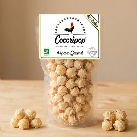 Popcorn bio francais noix de coco torrefiee et caramel fondant - snack artisanal croustillant fabrique a Bourges Cocoripop