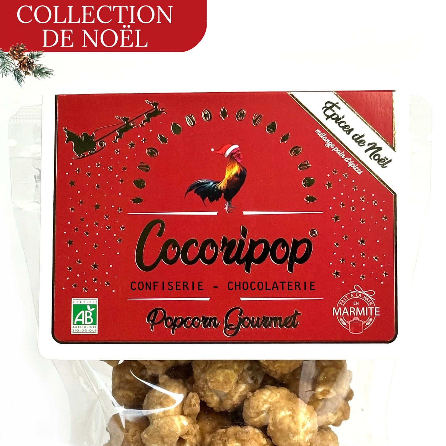 Popcorn aux épices de Noël bio et artisanal fabriqué en France – gourmandise croustillante au caramel et aux épices de pain d’épices.