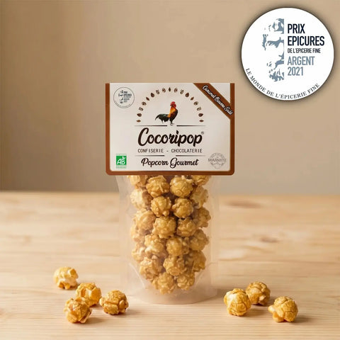 Popcorn français caramel beurre salé bio artisanal format 40 g fabriqué près de Bourges avec un maïs français cultivé à seulement 10 km de notre atelier