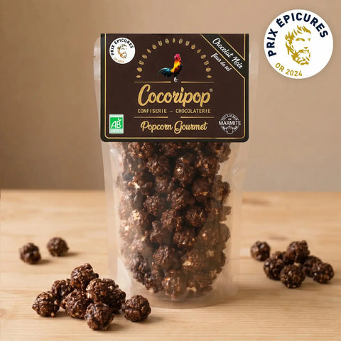 Popcorn français bio au chocolat noir 73 % et fleur de sel, médaillé d'Or aux Prix Épicures 2024, fabriqué artisanalement près de Bourges