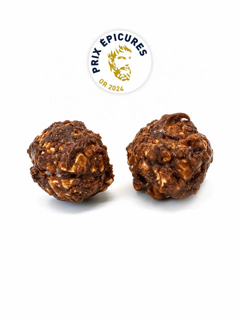 Popcorn français bio au chocolat noir et fleur de sel, soufflé à l'air chaud puis enrobé de caramel artisanal et de chocolat noir biologique à Saint-Germain-du-Puy