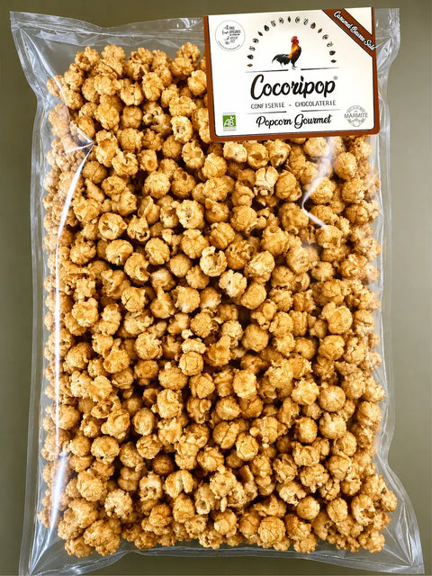 Popcorn gourmet bio caramel beurre salé en vrac fabriqué artisanalement à Saint-Germain-du-Puy près de Bourges.
