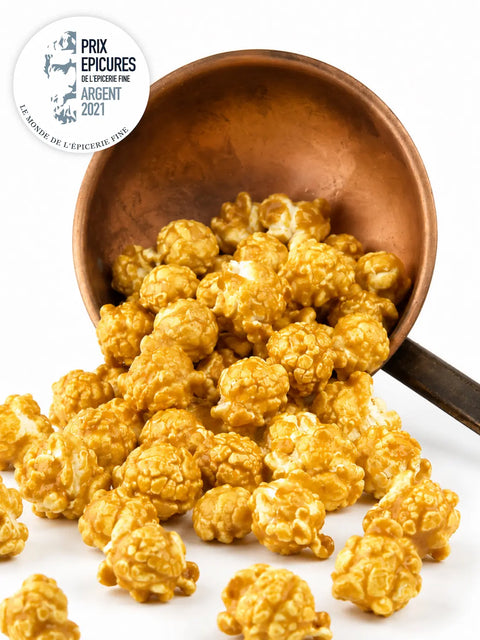 Popcorn gourmet au caramel beurre salé bio en vrac, spécialité artisanale française fabriquée près de Bourges avec un maïs cultivé à 10 km de notre atelier
