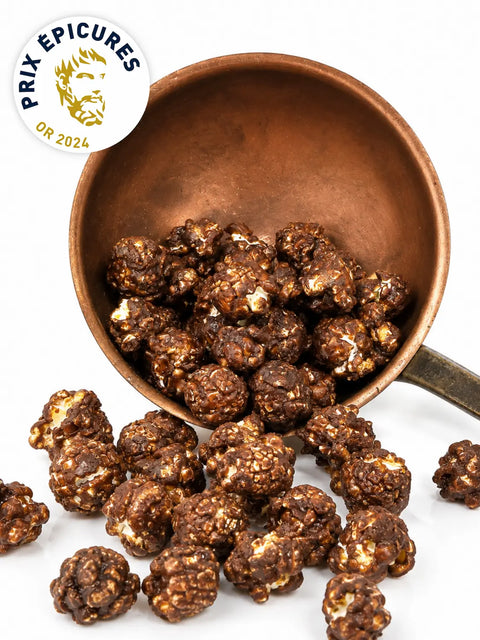 Popcorn gourmet au chocolat noir et fleur de sel bio en vrac, Médaille d'Or aux Prix Épicures 2024, fabriqué près de Bourges avec un maïs cultivé à 10 km de notre atelier