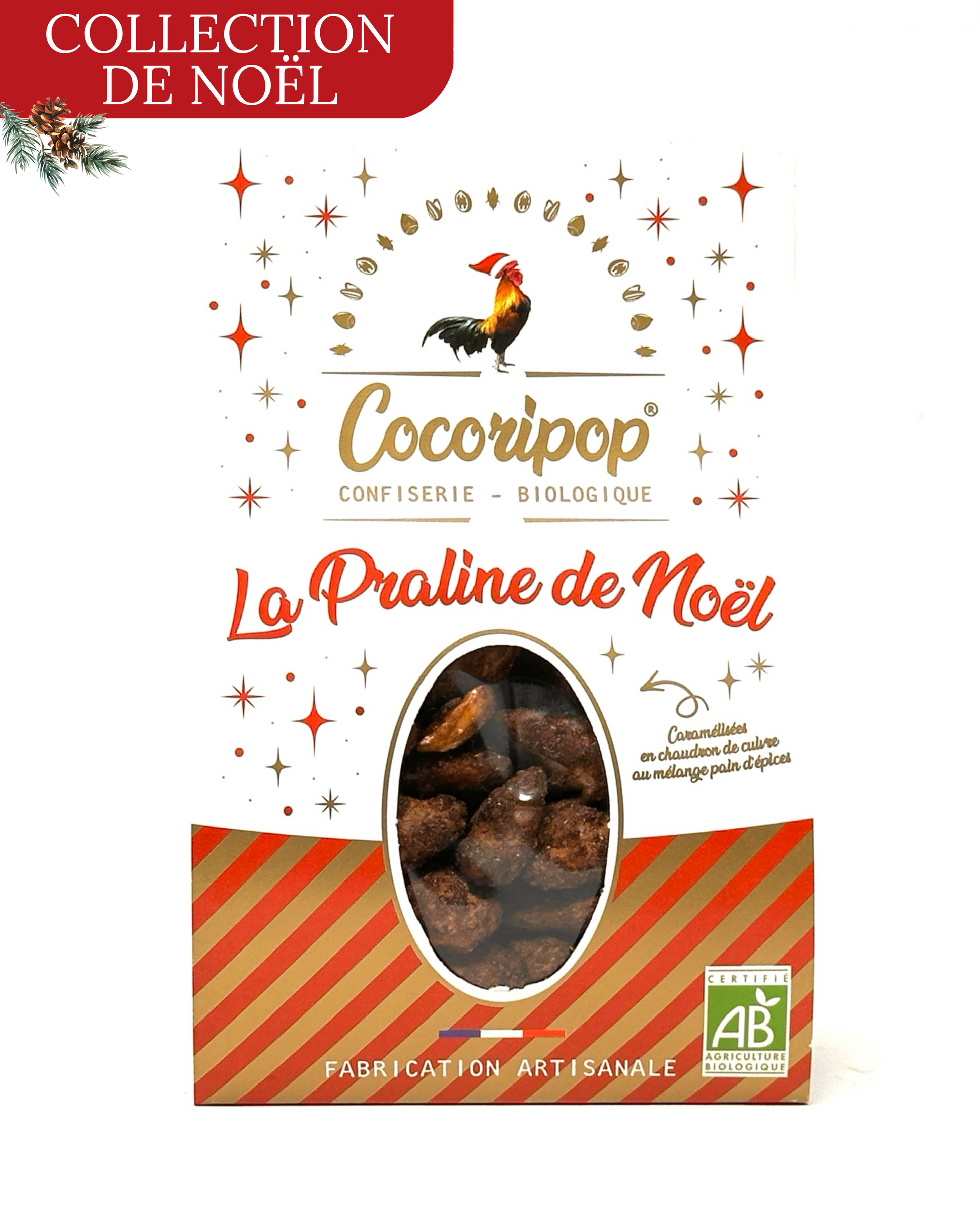 Pralines de Noël bio – amandes caramélisées aux épices, confiserie artisanale française signée Cocoripop, gourmandise festive et raffinée.