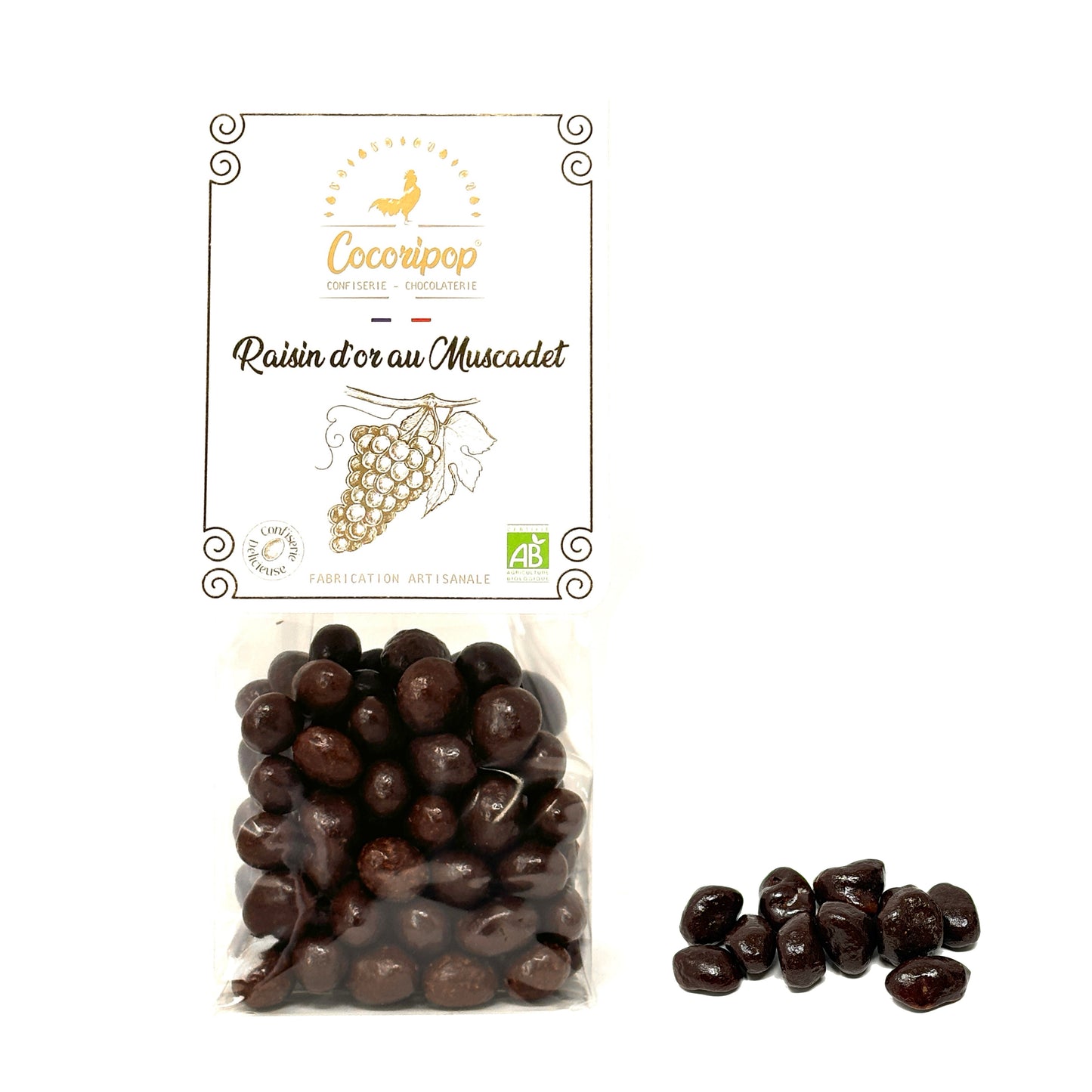 Raisins secs maceres au Muscadet puis enrobes de chocolat noir, gourmandise artisanale francaise reflechissant le savoir faire Cocoripop