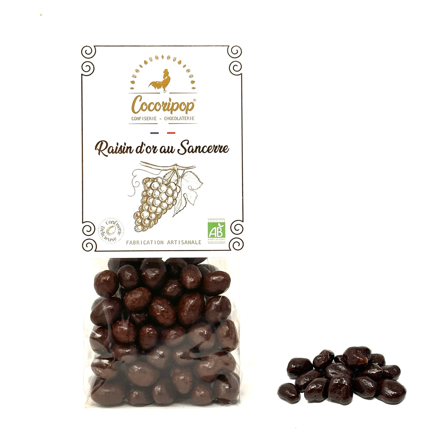 Raisins secs maceres au vin blanc Sancerre et enrobes de chocolat noir, confiserie artisanale francaise fabriquee par Cocoripop
