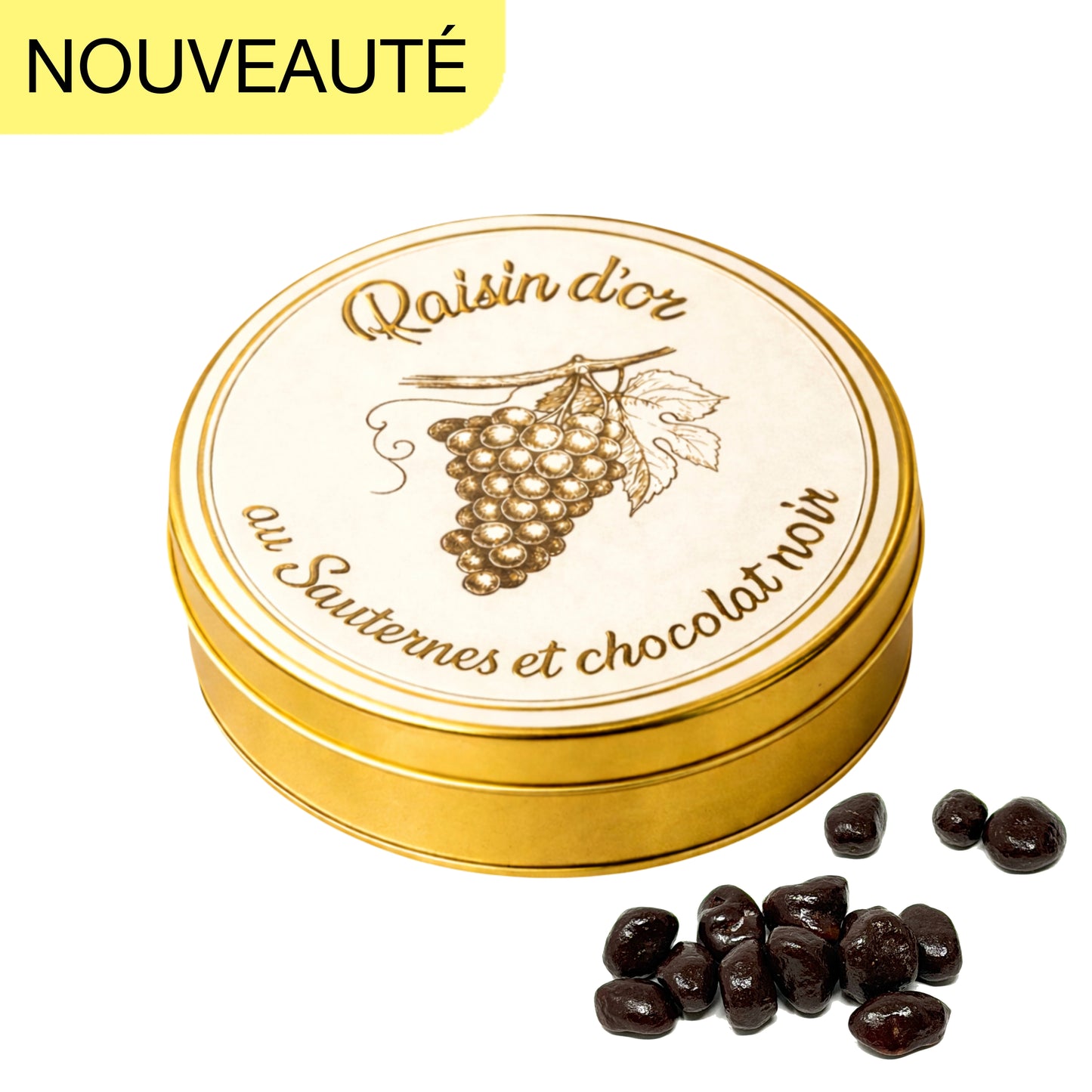 Boite cylindrique de raisins secs bio maceres au Sauternes et enrobes de chocolat noir artisanal francais Cocoripop 30 g