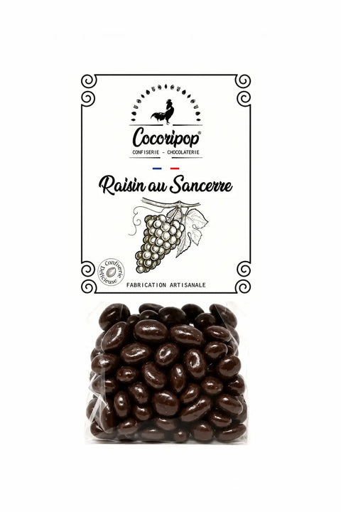 Raisins secs macérés au Sancerre et enrobés de chocolat noir bio, fabriqués artisanalement près de Bourges dans le Berry.