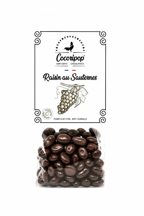 Raisins secs macérés au Sauternes et enrobés de chocolat noir bio, fabriqués artisanalement près de Bourges dans le Berry.