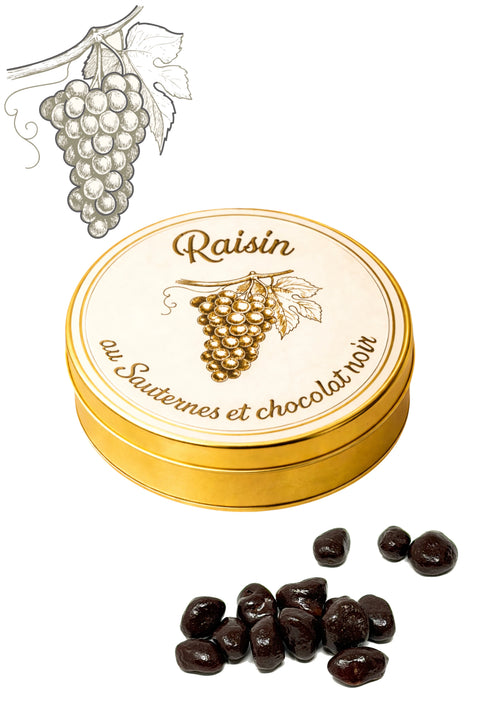 Raisins au Sauternes enrobes de chocolat noir bio en boite 30g - confiserie artisanale francaise fabriquee a Bourges Cocoripop