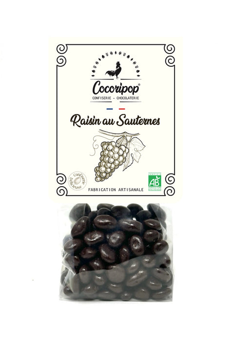 Raisins au Sauternes enrobes de chocolat noir bio - confiserie artisanale francaise fabriquee a Bourges par Cocoripop