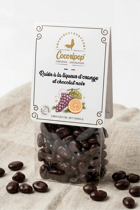Raisins enrobés de chocolat noir à la liqueur d’orange, confiserie française Cocoripop
