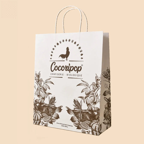 Sac kraft noir et blanc personnalisé Cocoripop, confiserie artisanale française située près de Bourges.