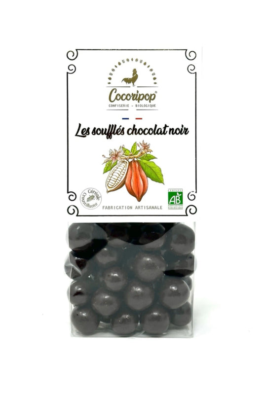 Billes soufflées croustillantes enrobées de chocolat noir bio 73 %, fabriquées artisanalement en France