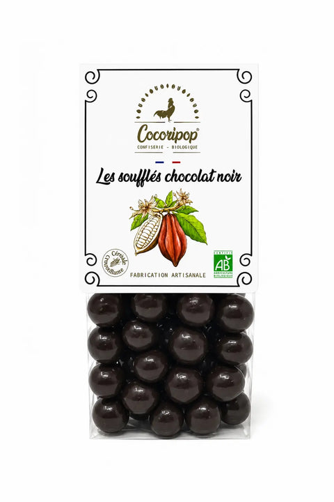 Soufflés chocolat noir bio, billes de maïs croustillantes fabriquées artisanalement près de Bourges avec un chocolat noir 73 % biologique.