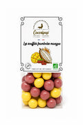 Soufflés framboise mangue bio, billes de maïs croustillantes fabriquées artisanalement près de Bourges avec du chocolat blanc bio, de la framboise et de la mangue.